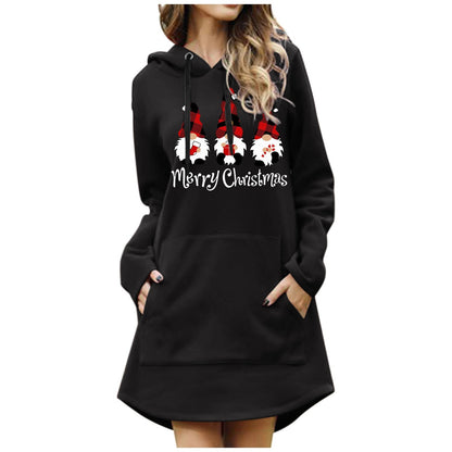 maoxiangshop Women Christmas Sweatshirts Casual Solid Color Printing Pullover Hooded Pocket Long Sleeve Dress Платье #8