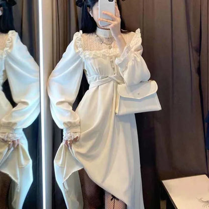 French Lace Vintage Dress Women Fashion Puffer Sleeve Elegant One Piece Dress Korean 2022 Spring High Street Slim Midi Dress Y2k