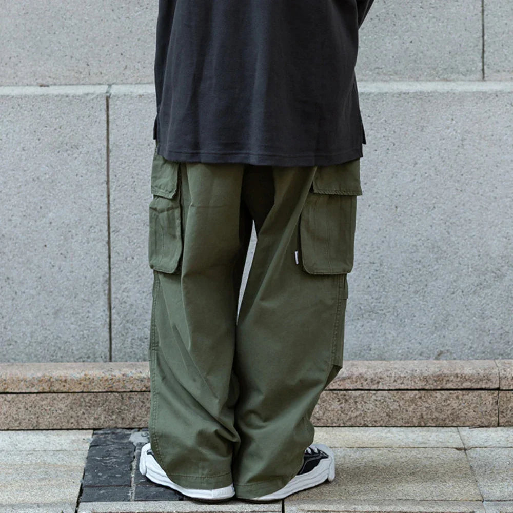 maoxiangshop Multi-Pocket Cargo Pants Mens Safari Style Solid Color Pleated Loose Straight-leg Pants Elastic Waist Casual Trousers Men