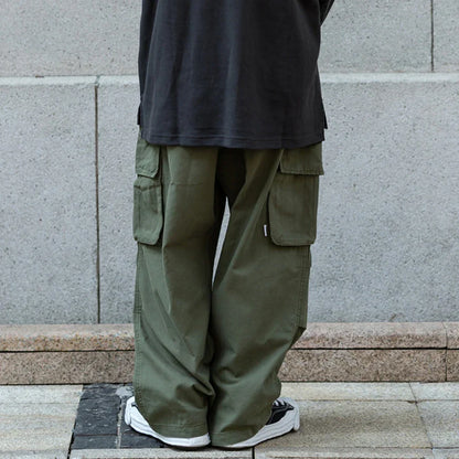 maoxiangshop Multi-Pocket Cargo Pants Mens Safari Style Solid Color Pleated Loose Straight-leg Pants Elastic Waist Casual Trousers Men
