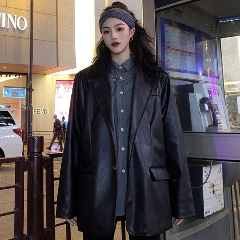 maoxiangshop Korean Black Leather Moto Jacket Vintage Warm Female Loose Leather Suit Blazers Streetwear Fashion Women's Winter Coat New