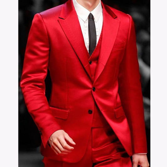 maoxiangshop Slim Fit Red Men Suits for Prom Singer Stage 3 Piece Satin Wedding Groom Tuxedo Male Fashion Jacket Waistcoat with Pants