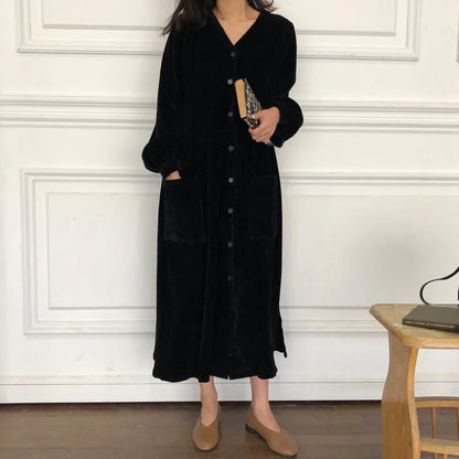maoxiangshop Women Autumn Winter Vintage Long Dress Elegant Full Sleeve Single Breasted Tunic Casual Corduroy Dress with Pocket Vestidos