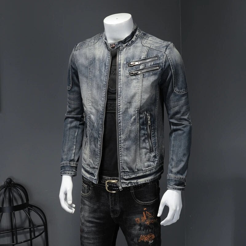 maoxiangshop New Denim Jacket Men Motocycle Denim Coats Streetwear Fashion Slim Fit Cowboy Outerwear Moto Biker Mens Denim Jacket Casual Coat