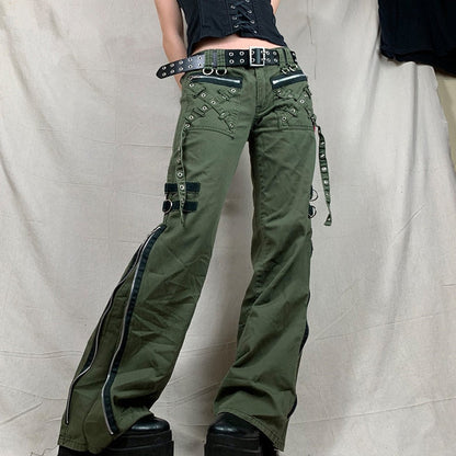 Women's Low Waist Cargo Pants Gothic Punk Baggy Retro Kawaii Trousers Grunge Green Zipper Jeans Ladies Korean Sweatpants