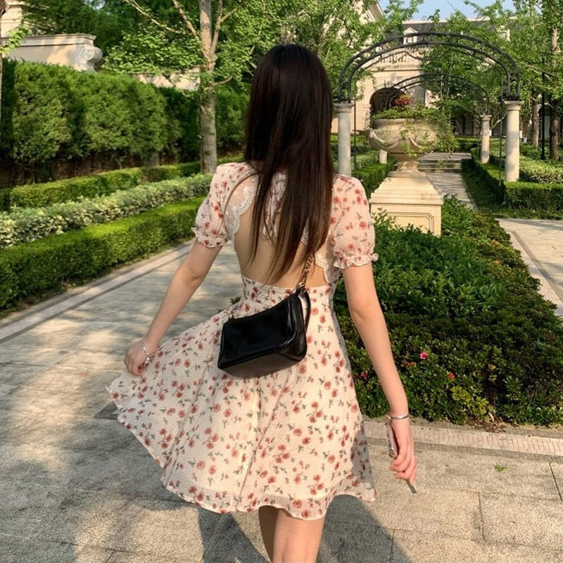 maoxiangshop Sweet Dress Women Sexy Backless Mini Short Sleeve Sundress Square Collar Floral Princess Leisure Streetwear Kawaii Ulzzang Girls