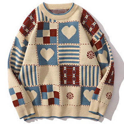 maoxiangshop Vintage Sweater Mens Hip Hop Streetwear Harajuku Retro Japanese Style Love Knitted Sweater Couples Autumn Cotton Pullover