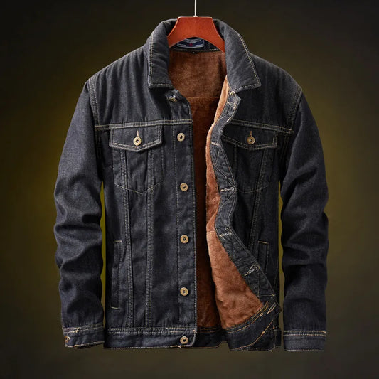 maoxiangshop Winter Men Denim Jackets Thick Outerwear Coats Mens Warm Fleece Denim Jacket Black Casual Mens Coat Cotton Jacket Mens Clothing