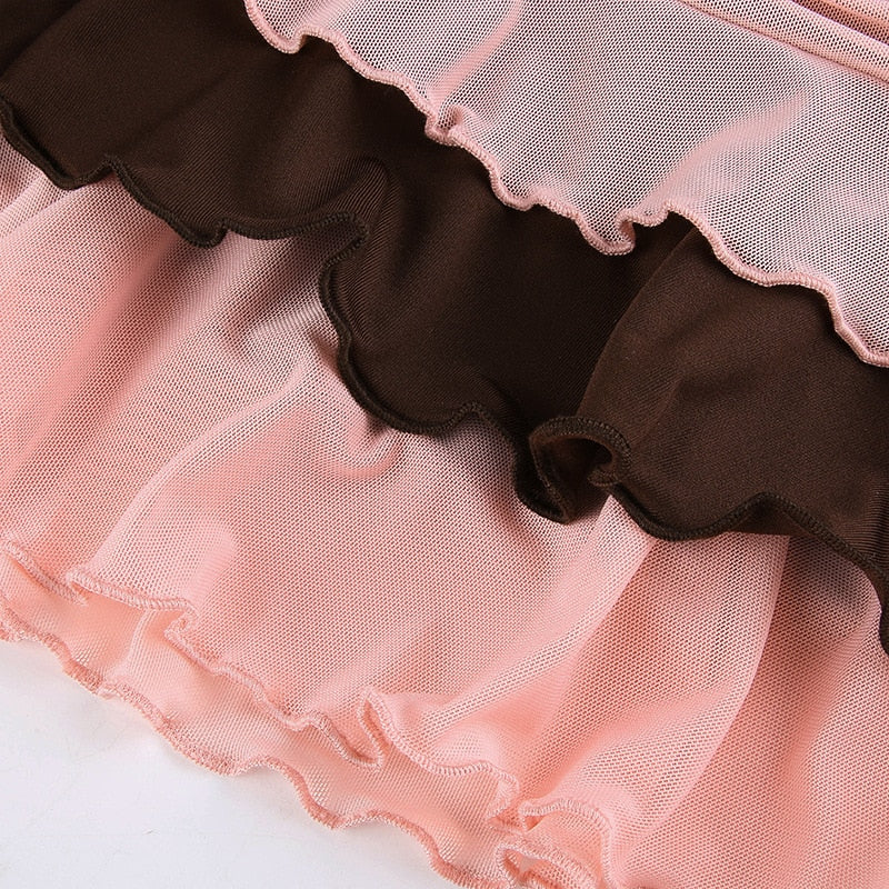 maoxiangshop Y2K Aesthetic Pleated Skirts Women Low Waist Ruffles Mini Skirt Patchwork Pink Mesh Cute Kawaii Brown Bodycon Vintage Clothes