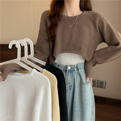 maoxiangshop New Autumn Women Solid Sweater O-Neck Loose Sweater Pullover Crop Top Sweaters Shirts Femme Knit Outwear Jumpers