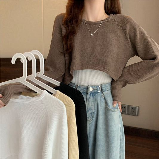 maoxiangshop New Autumn Women Solid Sweater O-Neck Loose Sweater Pullover Crop Top Sweaters Shirts Femme Knit Outwear Jumpers