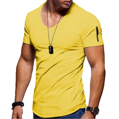 maoxiangshop New Summer Men's V Neck T Shirt Fitness Bodybuilding Tshirt High Street Short Sleeved Zipper Casual Cotton Top Plus Size S-5XL