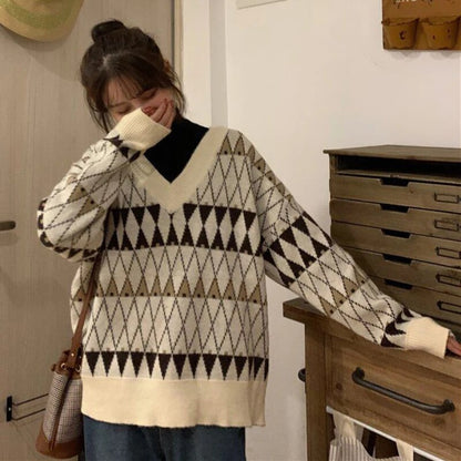 maoxiangshop Sweaters Women Vintage Argyle Korean All-match Chic V-Neck Ladies Pullovers Student Lazy Style Popular Winter Women Sweater New