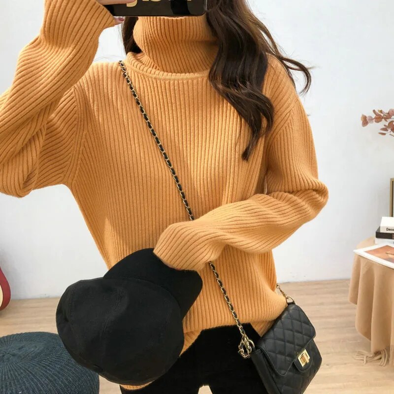 maoxiangshop Turtleneck Knitted Women Sweater Streetwear Long Sleeve Tops Pullover Black Korean Vintage Female High Neck Clothing Winter