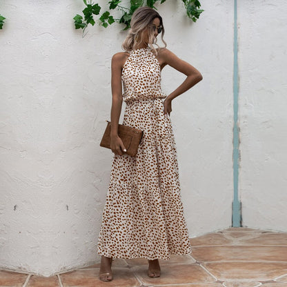 Summer Long Floral Halter Dress Women New Casual Slim Leopard Bandage Ladies Dot Print Beach Style Maxi Dresses