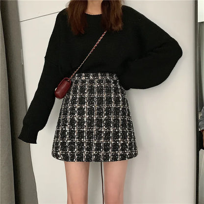 maoxiangshop Fall Winter Plaid Wool Skirt Womens Plus Size Thick Woolen Glitter Mini Tweed Skirt Saia Feminina