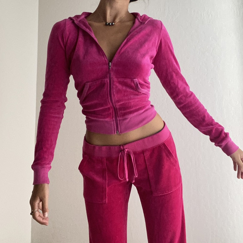 Velvet Tracksuit Women's Home Clothes 2 Piece Sets Womens Outfits Crop Top Female Sweatshirt Pants Joggers Pink Suit For Fitness