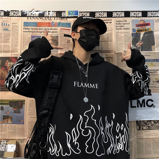 maoxiangshop Harajuku Oversized Women Hoodies Casual Flame Print Sweatshirt Korean Style Autumn Long Sleeve Hooded Female Pullovers Tops