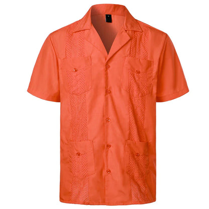 maoxiangshop Men's Traditional Cuban Camp Collar Guayabera Shirt Short Sleeve Embroidered Mexican Caribbean Style Beach Shirt with 4 Pocket