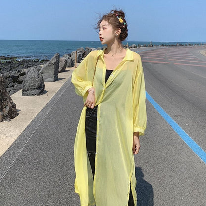 maoxiangshop Women Blouse Sun Protection Fashion Long Lantern Sleeve Outerwear Sheer All-match Thin Beach Street Comfort Korean Style Leisure