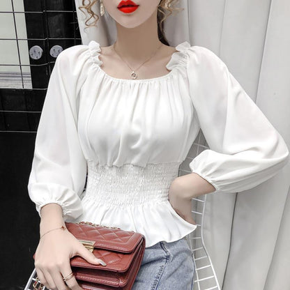 maoxiangshop Youth Elegant Blouse Women Chiffon Fashion Blouse Off Shoulder White Shirt Ruffle Puff Sleeve Top Office wear