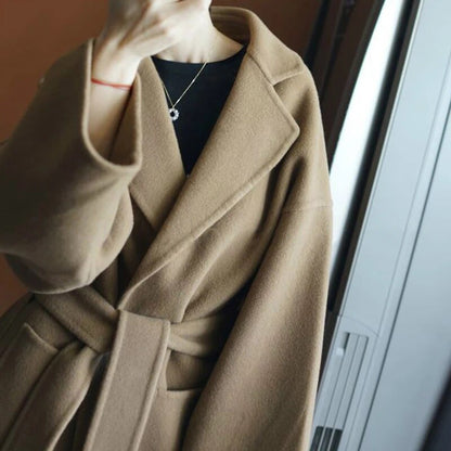 maoxiangshop Wool Coat Female Office Lady Side Cut Turn-down Collar Outwear Long Black Camel Women's Jacket Overcoat with Belt