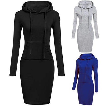 maoxiangshop Women Hoodies Winter Dresses Women Solid Color Long Sleeve Sweatshirts Bodycon Autumn Dress Women Robe Femme Knee Length Dress