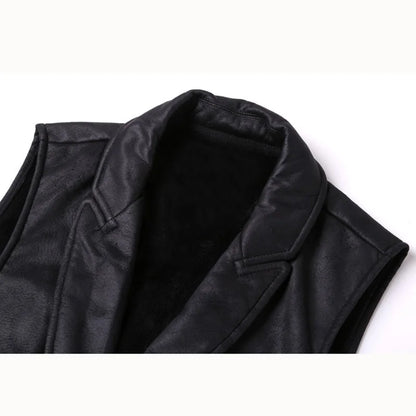 maoxiangshop Vest Men Casual Waistcoat Man Faux leather fashion leather Slim vest lapel classical Vintage gilet European style male