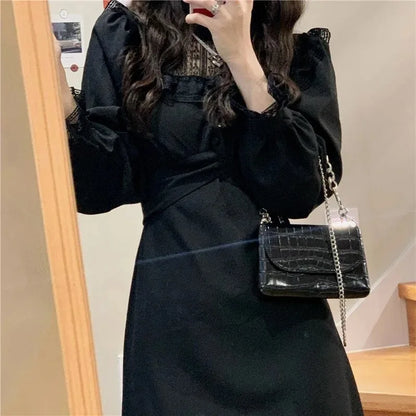 French Lace Vintage Dress Women Fashion Puffer Sleeve Elegant One Piece Dress Korean 2022 Spring High Street Slim Midi Dress Y2k