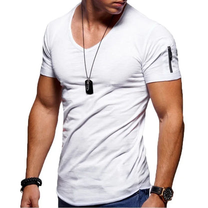 maoxiangshop New Summer Men's V Neck T Shirt Fitness Bodybuilding Tshirt High Street Short Sleeved Zipper Casual Cotton Top Plus Size S-5XL