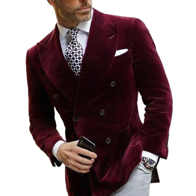 maoxiangshop WELL DRESSED MEN Burgundy Velvet Blazer for Men with Double Breasted Dinner Jacket Elegant Smoking Suit Coat