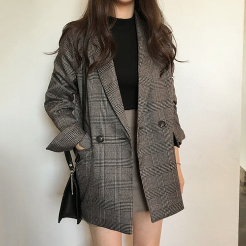 Y2K Elegant Autumn Winter Plaid Women Blazer Coat Causal Long Sleeve Tweed Coat Short Office Ladies Pocket Women Suit Blazer