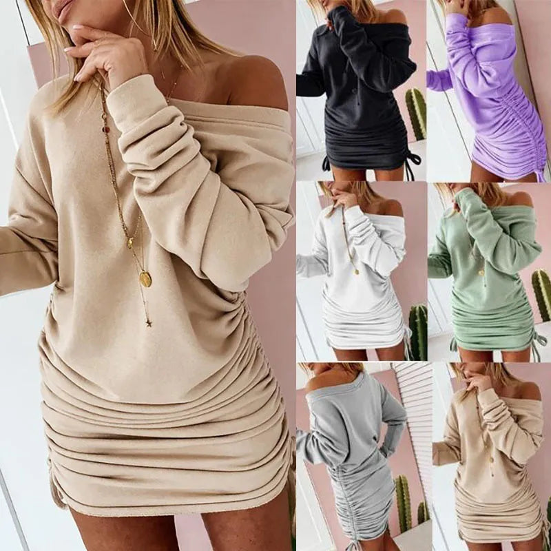 maoxiangshop New Dresses Women Mini Dress Ladies Casual  Women's Dress Sexy Drawstring Pleated Long Sleeve Party Dress Sukienka