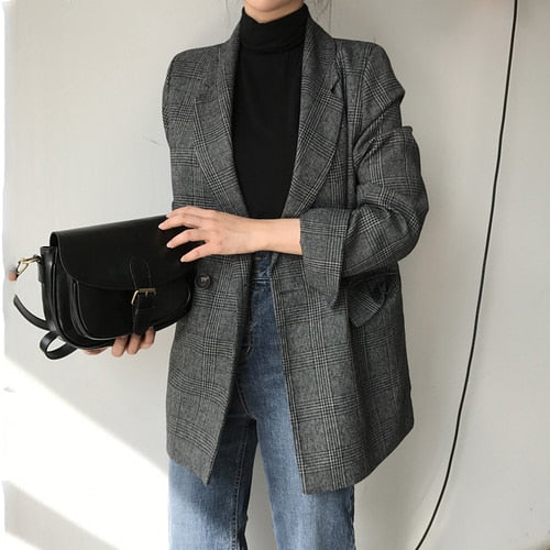 Y2K Elegant Autumn Winter Plaid Women Blazer Coat Causal Long Sleeve Tweed Coat Short Office Ladies Pocket Women Suit Blazer