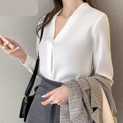 maoxiangshop New Chiffon White V-neck Women's Blouses Long Sleeve Spring High Street Shirt Ladies Top Chemisier S-XXL Solid Color