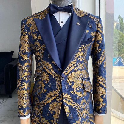 maoxiangshop Floral Jacquard Tuxedo Suits for Men Wedding Slim Fit Navy Blue and Gold Gentleman Jacket with Vest Pant 3 Piece Male Costume