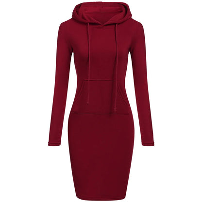 maoxiangshop Women Hoodies Winter Dresses Women Solid Color Long Sleeve Sweatshirts Bodycon Autumn Dress Women Robe Femme Knee Length Dress