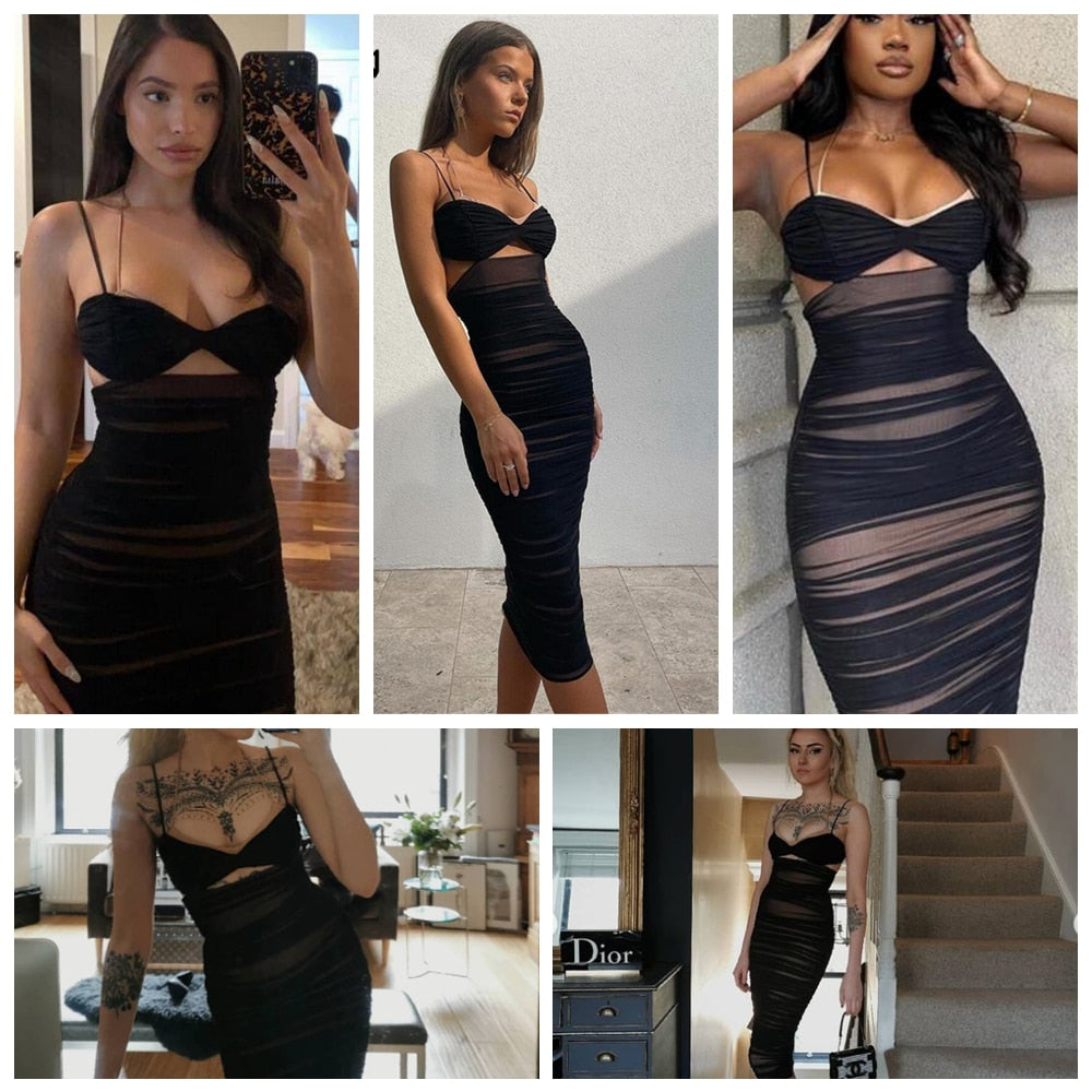 Women Dresses Summer Bodycon Dress Black Ruched Dress Midi Sexy Mesh Dress Halter for Evening Party Club