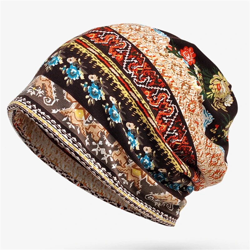 maoxiangshop Boho Style Women Beanie Cap Winter Floral Print Warm Hat Fashion Soft Thermal Skullies Hat Female Scarf Bonnet