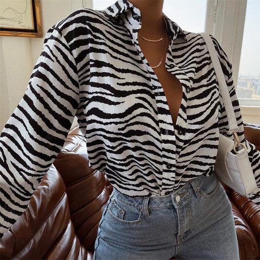 maoxiangshop Fashion Women's Shirts Button Down Lapel  Abstract/Zebra Print Long Sleeve Loose Shirt Femme Tops Autumn New