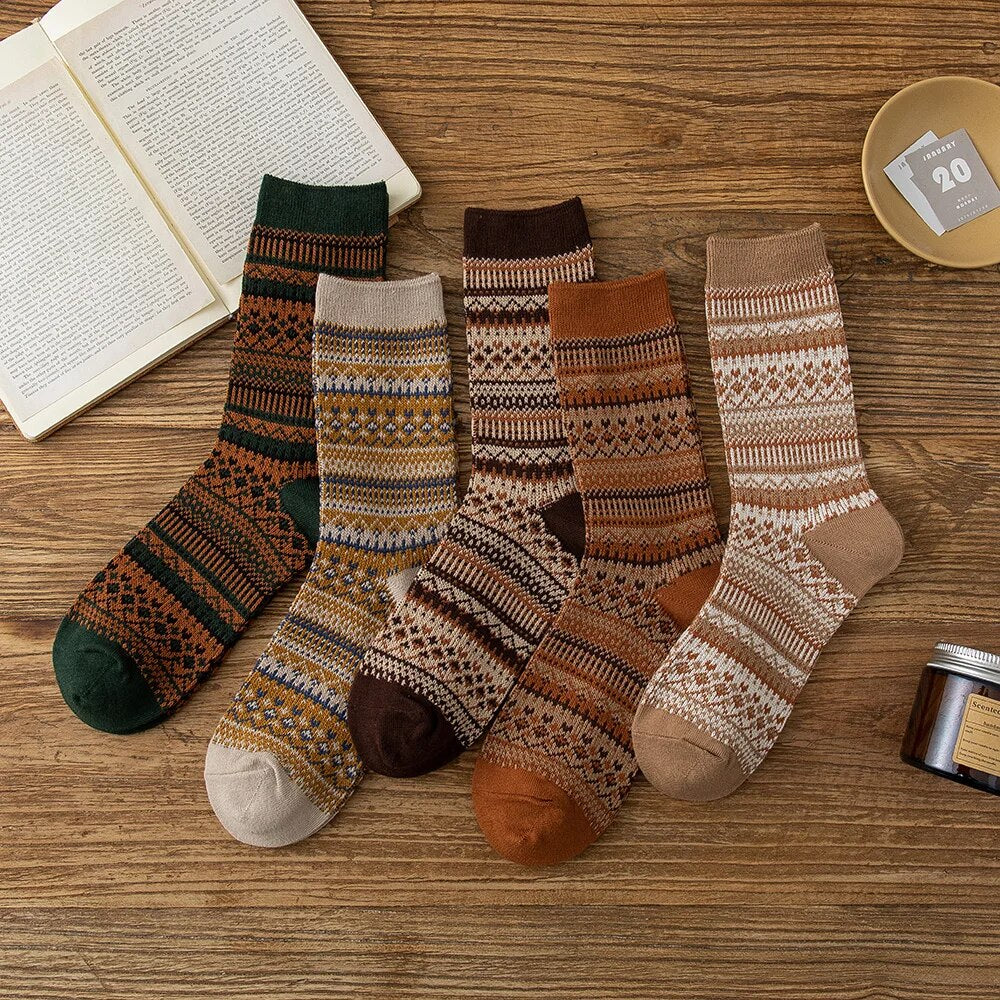 maoxiangshop 1 Pair Women Socks Spring Autumn Retro Style Men Couple Cotton Socks National Wind Stripes Pattern Khaki Solid Color Socks