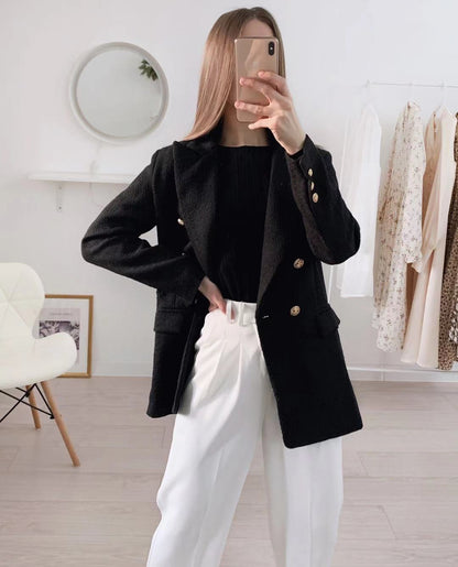 maoxiangshop Blazer Women Traf Fashion Metal Double Breasted Woollen Blazers Coat Vintage Long Sleeve Female Outerwear Chic Tops