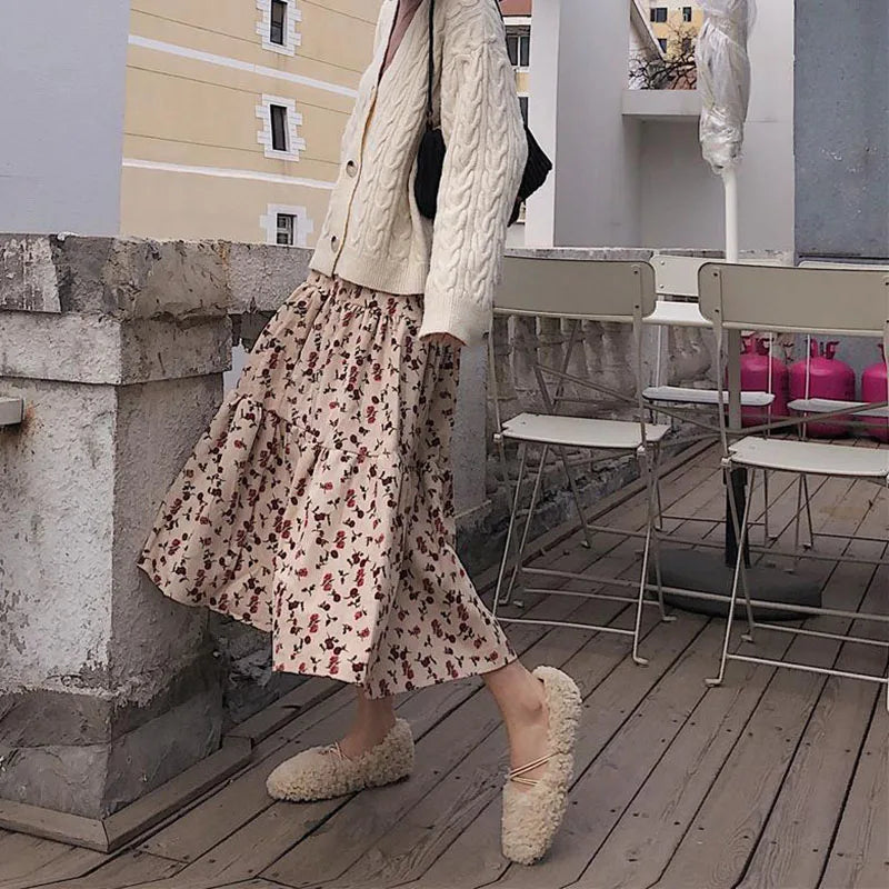 Lucyever High Waist Autumn Winter Long Skirts Women Elegant Flower Printed Midi Skirt Female Vintage Streetwear Pleated Skirt