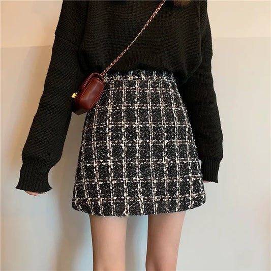 maoxiangshop Fall Winter Plaid Wool Skirt Womens Plus Size Thick Woolen Glitter Mini Tweed Skirt Saia Feminina