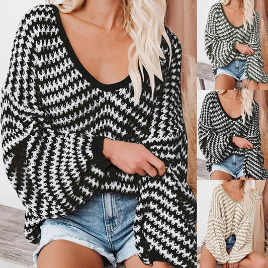 Women's Sweater Loose Striped Knitted Thick Knit Wide Neck Sweater Long Sleeve Loose Off Shoulder Jumper for Autumn Winter