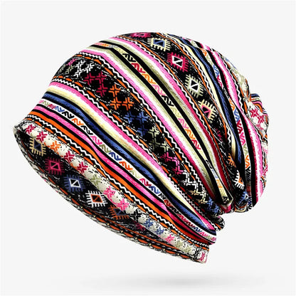 maoxiangshop Boho Style Women Beanie Cap Winter Floral Print Warm Hat Fashion Soft Thermal Skullies Hat Female Scarf Bonnet