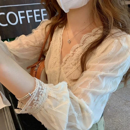 maoxiangshop Shirts Women Solid Lace V-Neck Gentle All-match Stylish Simple Elegant Soft New Arrival Streetwear Long Sleeve Korean Style Tops