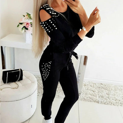 maoxiangshop Women's Casual 2 Piece Outfits Hollow Out Design Beading Decor O-Neck Long/Short Sleeve Solid Top+Drawstring Slim Pencil Pants