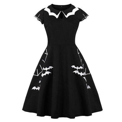 maoxiangshop Bat Embroidery Halloween Costumes Party Vintage Dresses for Women Cap Sleeve Keyhole Front Cotton Retro A Line Dress