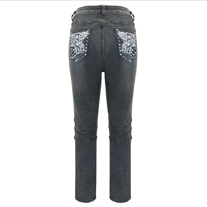 maoxiangshopHigh Waist Jeans Women Fashion Straight Pants Ladies Vintage Flying Motorcycle Bead Jeans Femme Elasticity Trousers